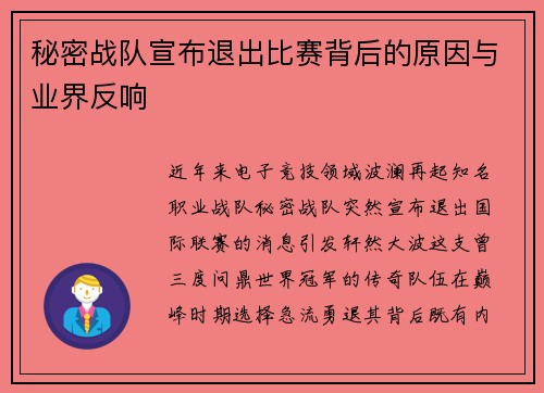 秘密战队宣布退出比赛背后的原因与业界反响